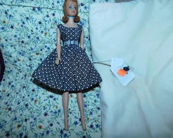 1963 REDHEAD MIDGE, BLACK PRINT SWING DRESS, MULES, BARBIE MIDGE BODY
